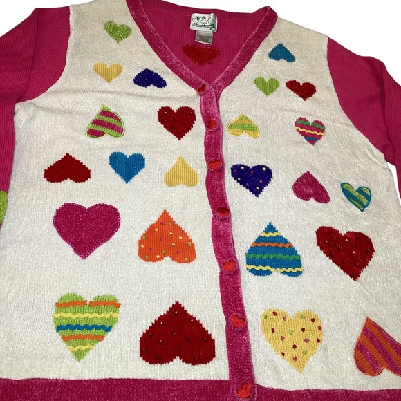 The Quacker Factory Womens Heart Sequin Cardigan Pink White Sweater 1X - Picture 4 of 15